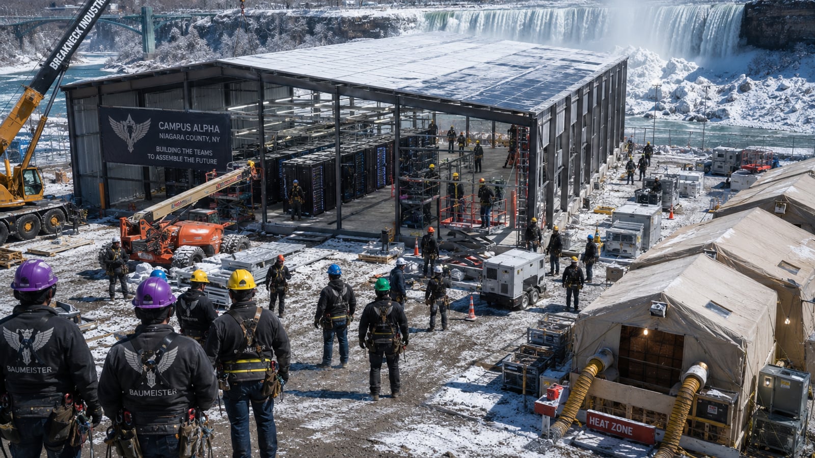 Campus Alpha AI rendering — Baumeisters standing up a Live Build data center with an attached solar array against a Niagara Falls winter backdrop